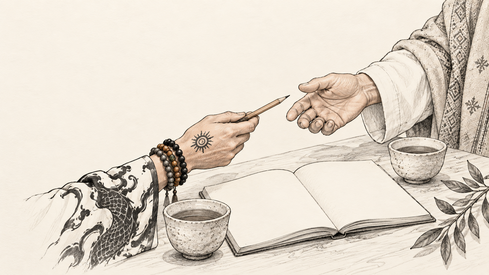 Two people sharing creativity over tea — cups, hands, and a sketchbook